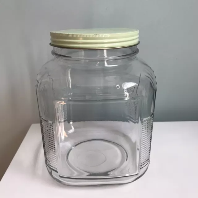 Vintage Kitchen Cabinet Glass Green Mint Lid Square Jar Canister Ribbed MCM