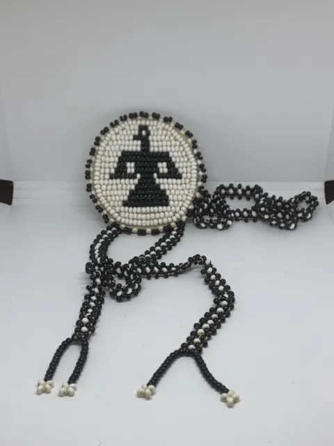 Vintage Native American Handmade Seed Bead Bolo Tie 20” Leather Backing