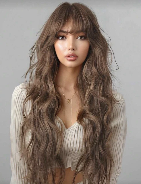 Perruque Longue Synthétique Brune Châtain Doré Lisse Avec Frange - 65 Cm, Résistante à La Chaleur