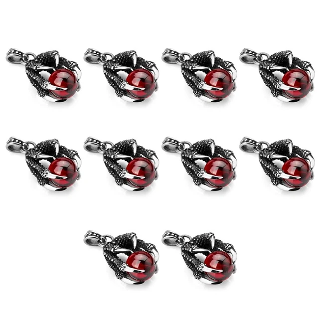 10X Collana Ciondolo Acciaio Inox Zirconia Artigli Drago Rossi Perline Gotico Uomo, 2 V9M3