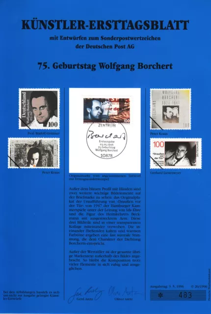 Künstler-Ersttagsblatt  1996/20   Wolfgang Borchert   Brd