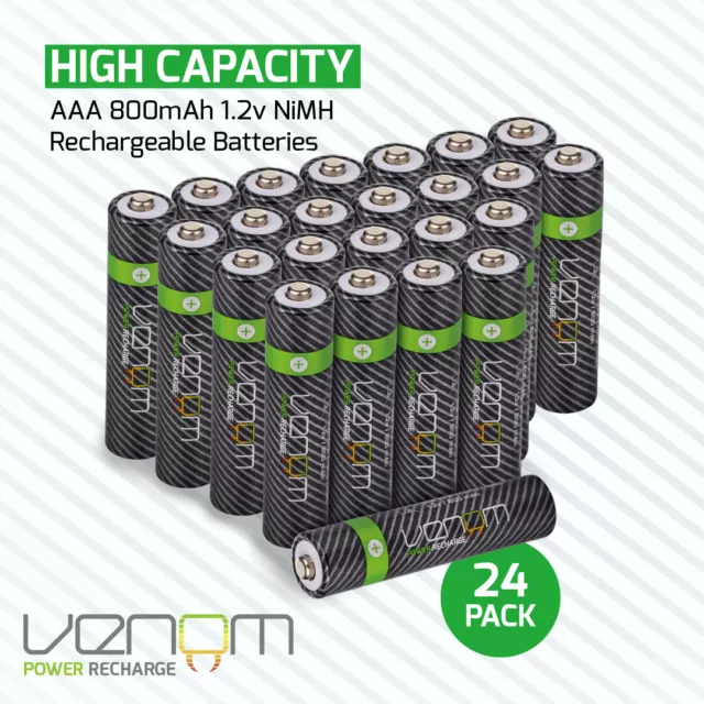 Venom Rechargeable AAA Batteries - High Capacity 800mAh 1.2V NiMH - Pack of 24