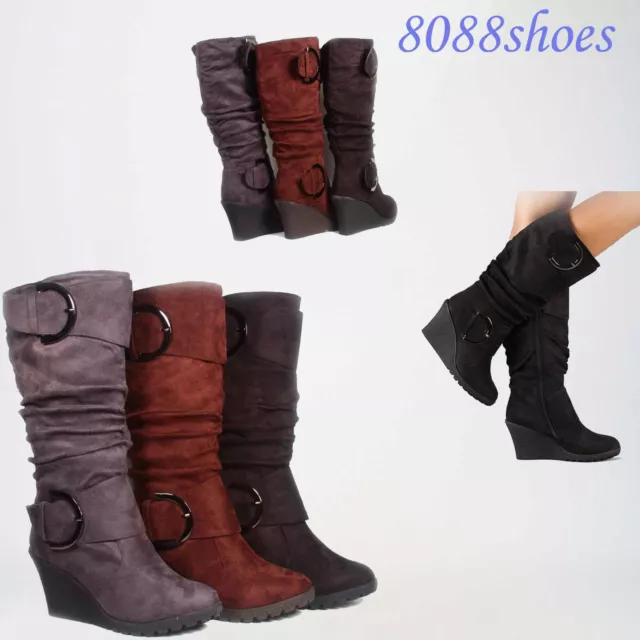 Women's Faux Leather Suede Round Toe Slouchy Knee High Wedge Boots  Size 5 -10