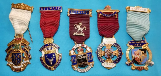 Fine Lot Of 5 Royal Masonic Institute Rmig Rmbi Rmib Steward Jewels Medals