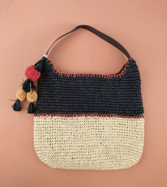 SONOMA NEW W/O Tags Straw Tote Womens Purse Slouchy Hobo Bag Black Tan Red (P1)