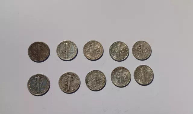 Small Bulk Lot Of United States Silver One Dime Coins x10