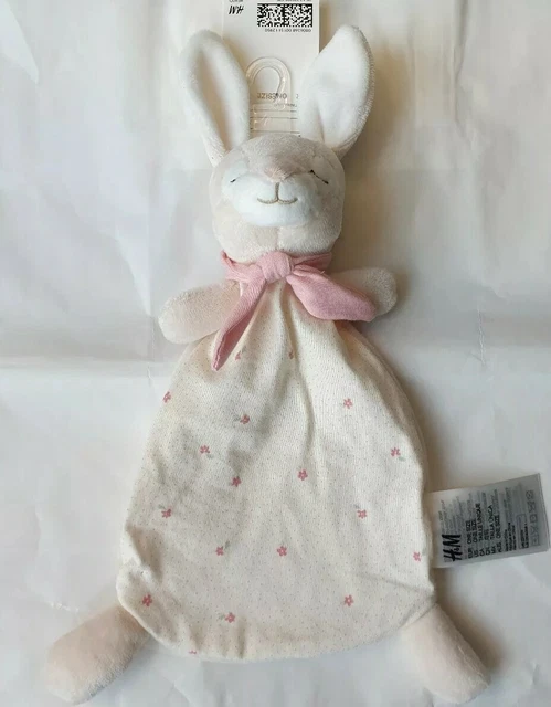 NEUF H & et M DOUDOU PLAT LAPIN ENDORMI BEIGE  BLANC ROSE FLEURS NOEUD ÉCHARPE