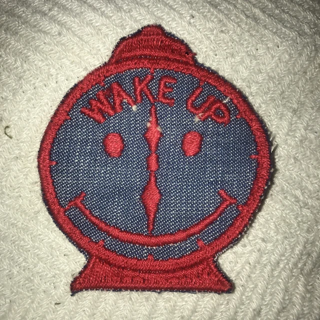 Vintage Wake Up Smiley Face Clock Patch Red And Blue Jean Lettering