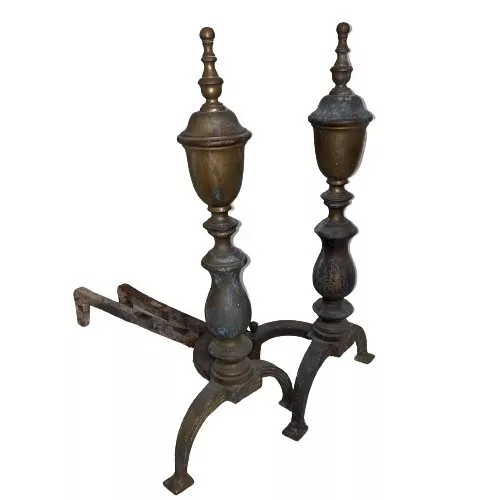 Pair of 18th / 19th c Large Brass Heavy Andirons. Beautiful Pieces With Patina