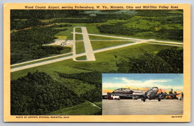 Marietta Ohio~Wood County Airport Aerial View~Airplanes~Linen Postcard