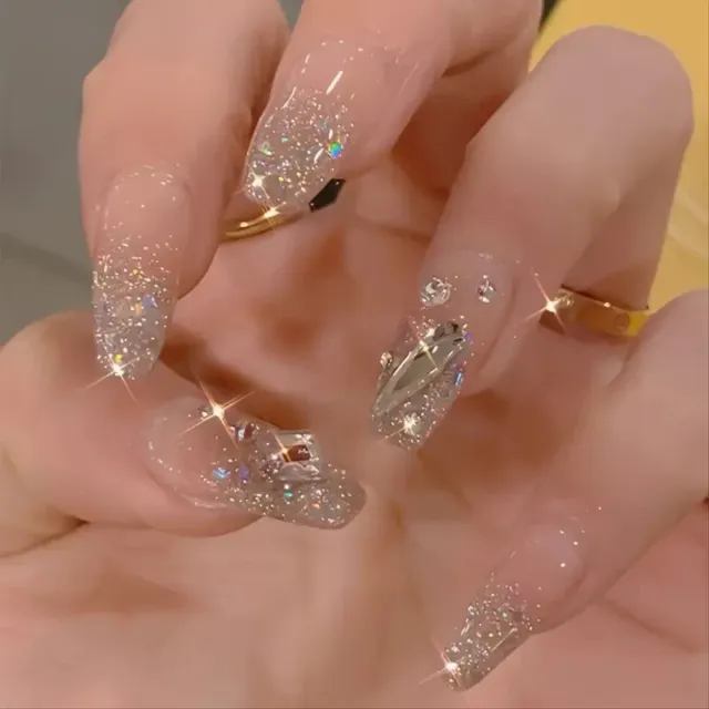 False nails Medium Coffin Glitter 3D Gems Luxury 24PK + Nail Tabs BN382