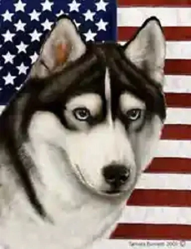 Patriotic (D2) House Flag - Blue-Eyed Black and White Siberian Husky 32437
