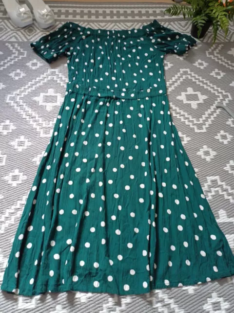 NEXT GREEN WHITE Polka Dot Spotty Off Shoulder Midi 👗dress 14 16 Beach Holiday