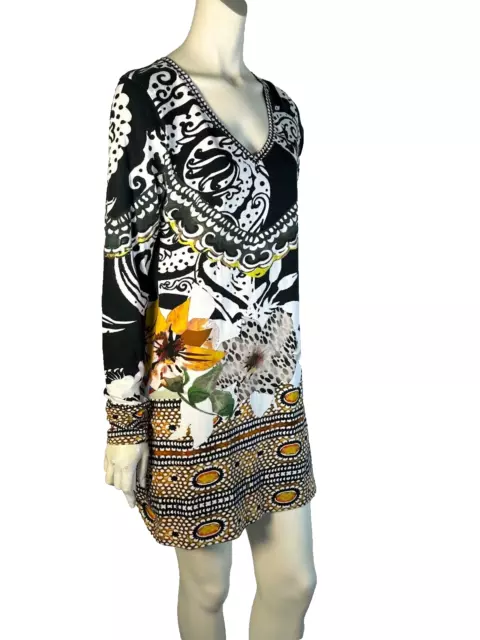 ETRO Milano Italy Black Floral Print Long Sleeve V-Neck Knit Dress Size 12/EU 48