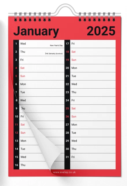 2025 A4 Month To View Wall Planner Family Office Organiser Calendar UK Holidays