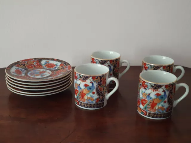 Lovely Japanese Imari Arita Peacock Demitasse 10 piece Coffee Cups & Saucers