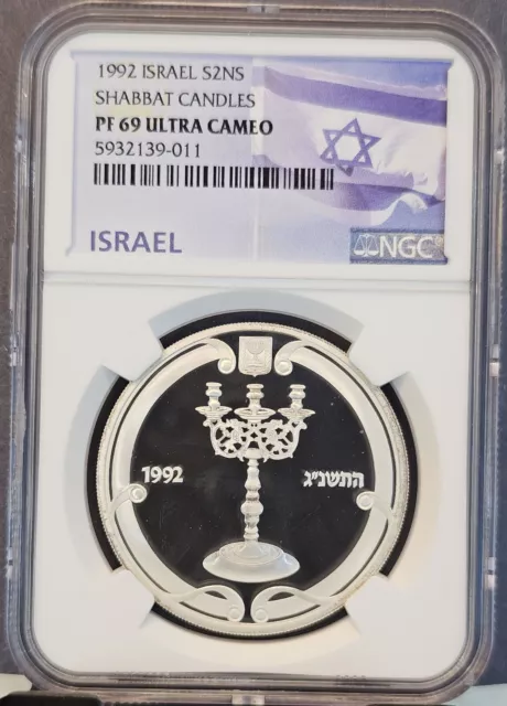 1992 Israel Silver 2 New Sheqalim Shabbat Candles Ngc Pf 69 Ultra Cameo Top Pop