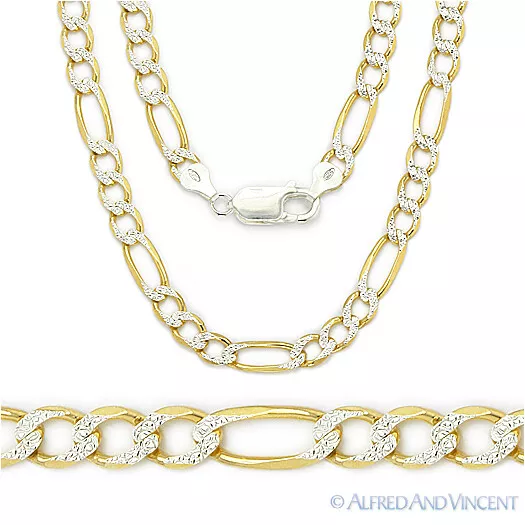 4.3mm Figaro Pave Link 925 Sterling Silver 14k Yellow Gold-Plated Chain Necklace