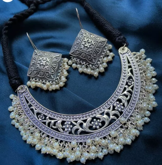 Ethnic Bollywood Style Boho Tibetan Silver Oxidized Indian Choker Necklace Set