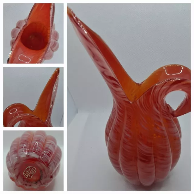 Lefton Red/White Swirl Hand Blown Vase Pitcher Swung Glass  Art