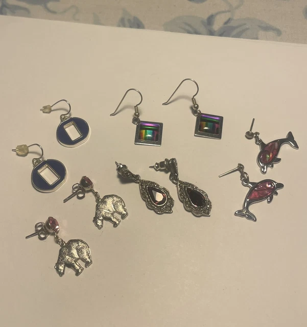 Lot Of 5 Dangle Costume Earrings Pierced Silver Tone Metal - Bear / Dolphin Etc