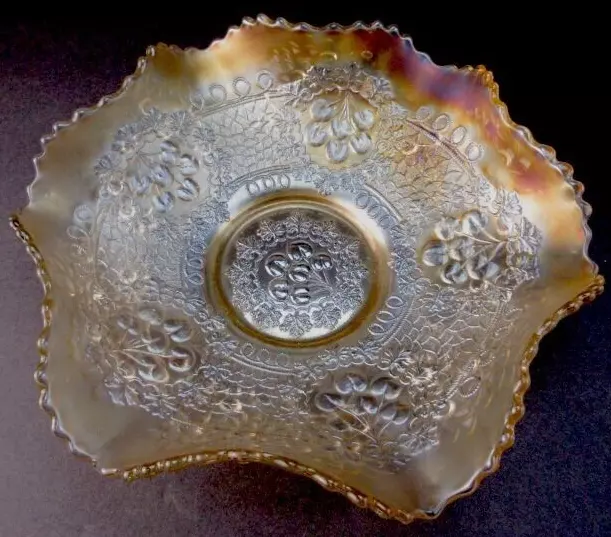 Marigold Carnival Glass Ruffled Edge Cherry Pattern Bowl