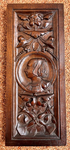 French Antique Walnut Carved Panel - Plaque. Gothic. 19th