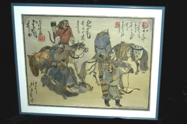 Vintage WARRIORS Chinese Japanese Color Ink Painting Asian Art Signed Framed