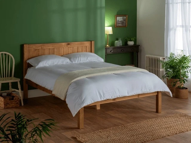 WOODEN DOUBLE BED Frame Slatted Base Panel Headboard Brown Natural ...