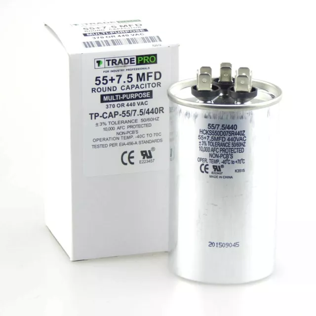 TP-CAP-55/7.5/440R - 55+7.5 MFD 370/440 Volt Round Run Capacitor by Tradepro