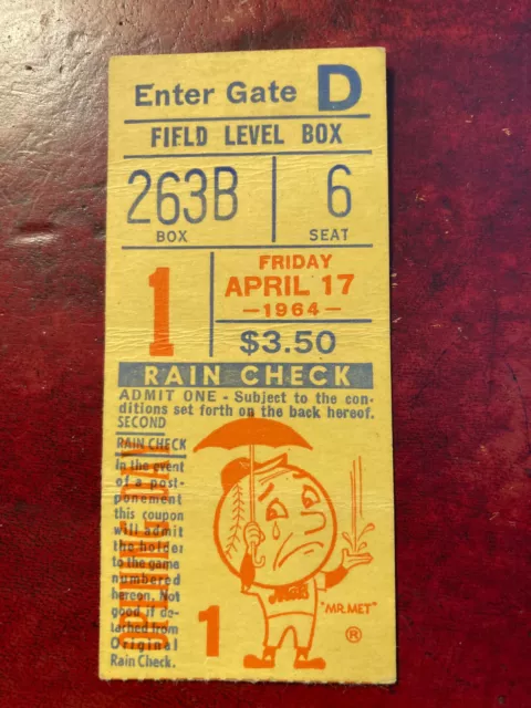 1964 Mets Opening Day 1st First Game at Shea Stadium Ticket Stub - Excellent