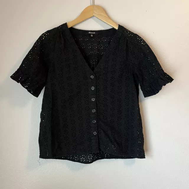 Madewell Eyelet Village Ruffle Sleeve Shirt Top Blouse Black Lace Size XXS