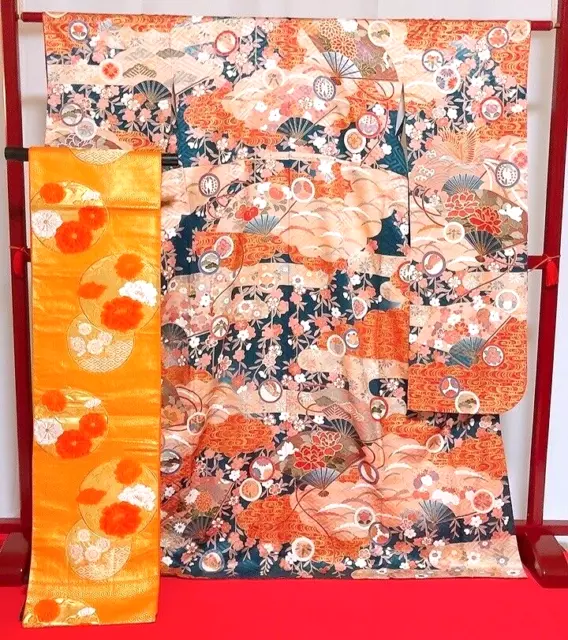 Japanese Kimono "Furisode" "Fukuro obi" 2 piece set/Luxury Floral pattern