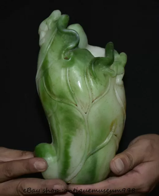7.6" Old Chinese Green Jade Carving Dynasty Lotus Frog Brush pot Bottle Statue
