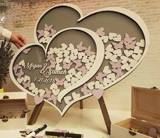 Personalised Wedding Party Guest Book Alternative Wooden Hearts Drop Jar Box