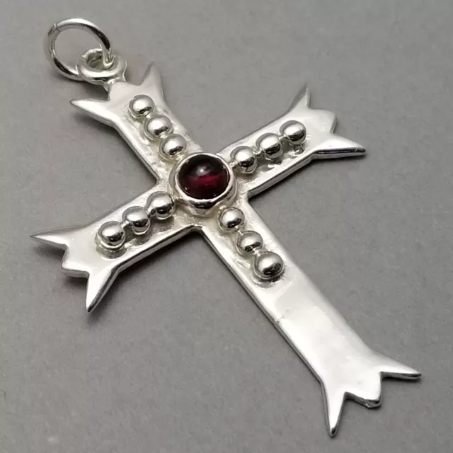 Solid Sterling Silver Garnet Cabochon Cross Necklace Pendant 925 - 4.2g