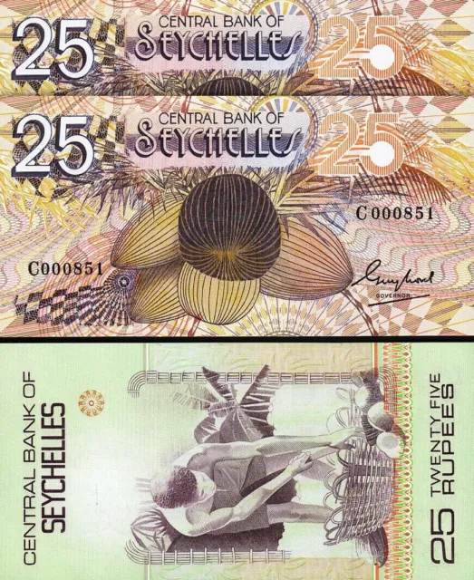 Seychelles 25 Rupees 1983, LOW Serial 0008**(First 1000), 2 Pcs PAIR, UNC, P-29