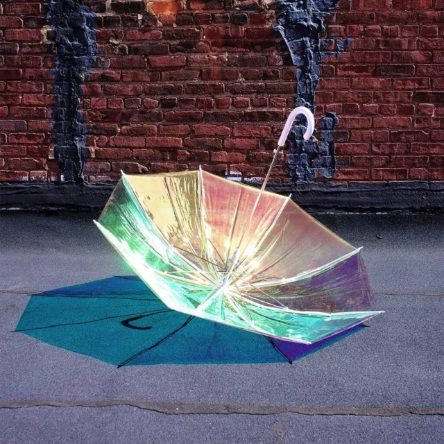 iridescent HOLOGRAPHIC UMBRELLA 46" HOLO see-thru color-changing WHITE HANDLE
