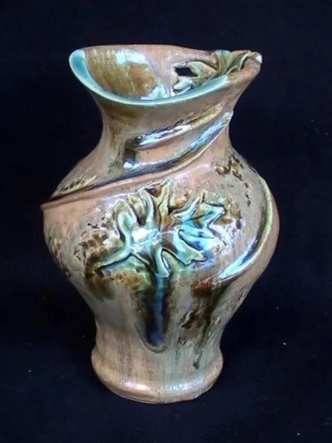 Unique Hand-Painted Majolica Art Pottery Signed Leaf Vase Embossed Earthtones