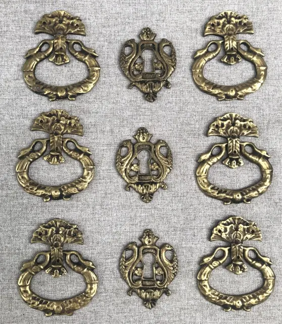 Antique french chest of drawer Empire ornaments handles set Mid-1900's brass