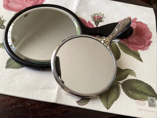 Two Vintage 1 Ebony 1 Silver Metal Hand Mirror  Bevelled Glass.