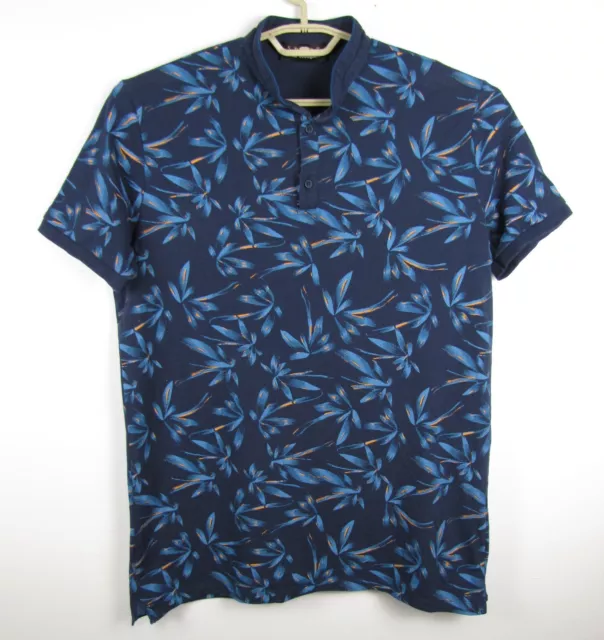 The Kooples Sport Men's Large Blue Floral Band Collar Short Sleeve Polo Shirt