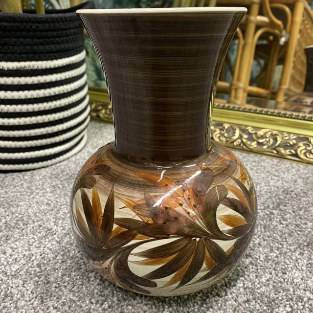 Vase H20cm Free Hand Painted Jersey Pottery Brown Leaf Design Vintage 1970s