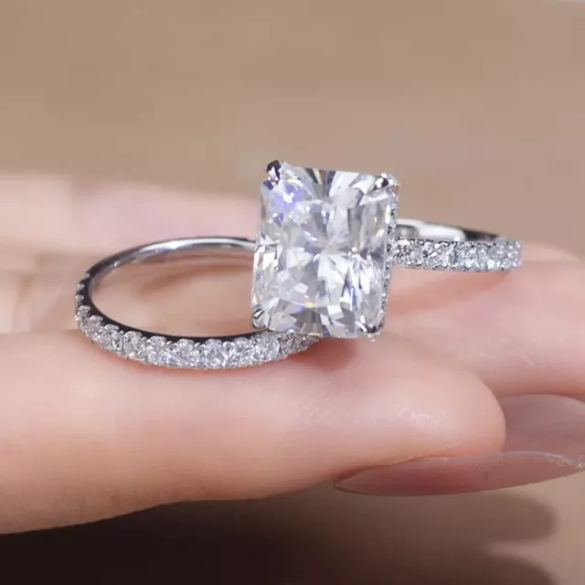 Unique Radiant Cut Moissanite Bridal Set Wedding Gift Ring 14K White Gold Plated 2