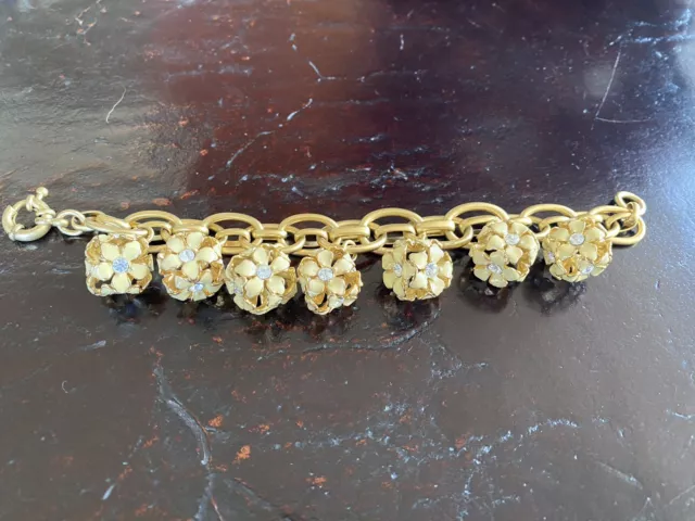 JCrew Charm Bracelet Gold Tone yellow Enamel Flowers Crystals NWOT Great Gift