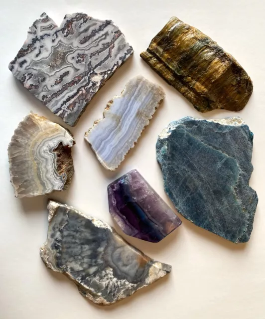 Various Lot of 7 Rough Gems Stones Rocks Minerals Blue Apatite