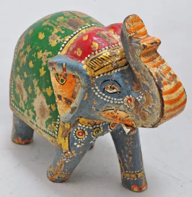 Main Sculpté Rigide Bois Marche Éléphant Figurine Rustique Peint à la Main