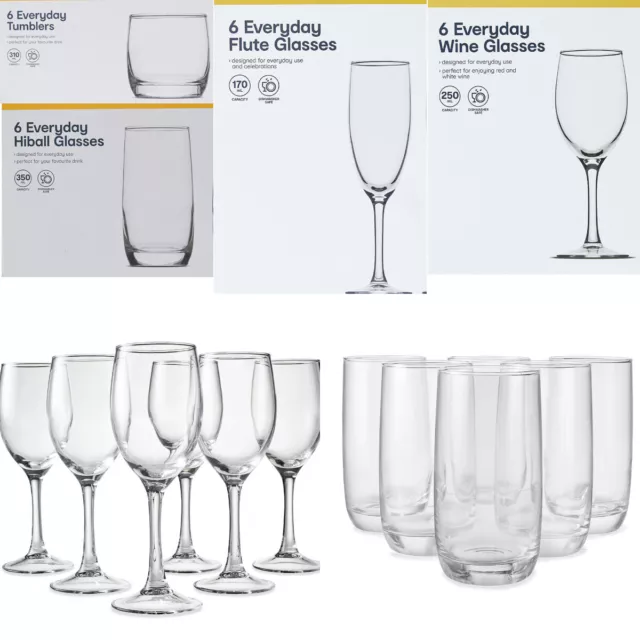 Set of 6 Everyday Drinking Glasses Highball Flute Tumblers Wine & water Glass