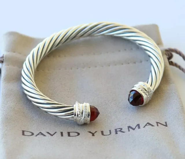 David Yurman Sterling Silver 7mm Cable Crossover Bracelet Garnet & Diamonds