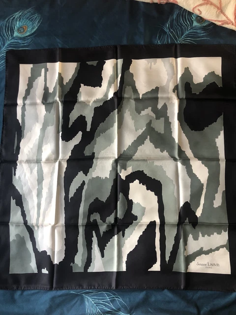 Foulard Carré En Soie 100% Jeanne Lanvin Paris Vintage - 80x80 Cm, Couleurs Bleu Et Vert, état Très Correct
